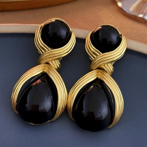Dark gothic acrylic water drop geometric earrings in brushed gold and black finish