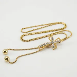 Cross Pendant Necklace Gold Plated Titanium Steel Rhinestone Long Sweater Chain Adjustable Religious Fashion For Women