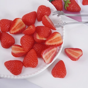 Realistic PVC strawberry slices and whole berries set for cake decoration props