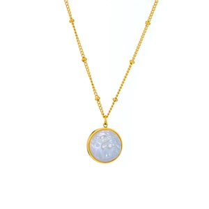 Vintage baroque pearl pendant necklace with embossed gold frame on white background