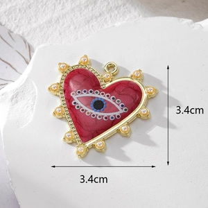 Red heart enamel devil eye pendant with pearls and gold metal frame 3.4cm size