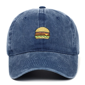Navy blue washed denim baseball cap with hamburger embroidery and vintage distressed style