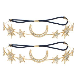 Baroque gold sun and moon headband set with sparkly rhinestones and black elastic band