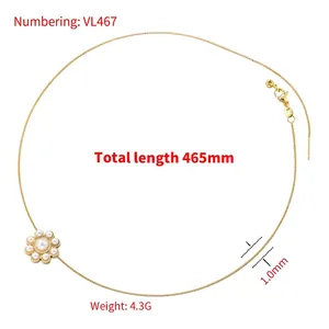 Elegant gold finish copper necklace with pearl flower pendant and 465mm thin link chain