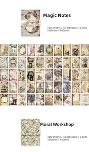 Detailed grid showing 50 vintage botanical and magical patterns for DIY scrapbooking