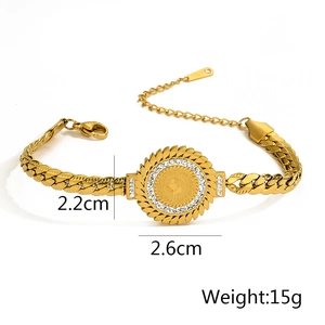 Detail view of gold Cuban chain bracelet with 2.6cm coin pendant and white rhinestones