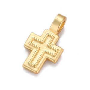 Detail of gold-plated hip-hop cross pendant with matte and polished metallic finish