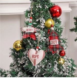 Plush Christmas ornaments set featuring star, tree, and heart shapes with plaid patterns