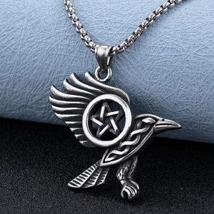 Raven Pentagram Pendant Necklace Stainless Steel Gothic Punk Rock Vintage Viking Style Jewelry For Men