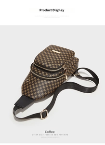 Detail view of coffee crossbody bag with double zippers and retro circle pattern texture
