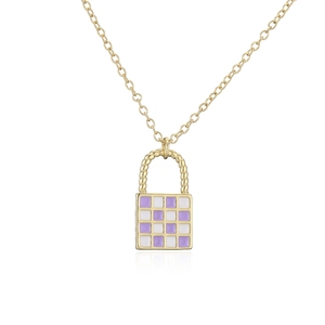 Detailed view of a gold necklace featuring a purple and white checkered lock pendant