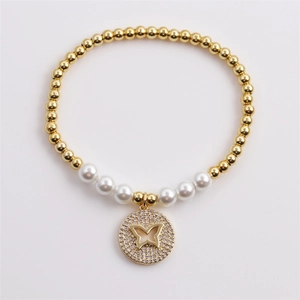 Elegant gold bead and white pearl bracelet for women with crystal butterfly pendant charm