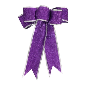 25cm purple glitter Christmas bow ornament with silver edges for tree decoration