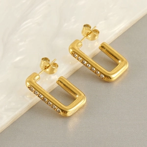 Rectangular Hoop Earrings 18K Gold Plated Stainless Steel Geometric Zircon Inlaid Huggie Studs For Women Stylish Jewelry