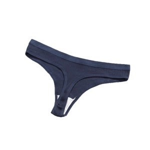 Navy blue ribbed cotton thong for women with elastic waistband and white cotton lining