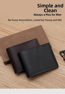 Detailed close-up of men's bifold wallets in black and brown litchi grain leather