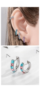 Detail of 6mm and 8mm mini hoop earrings with colored square zircon insets