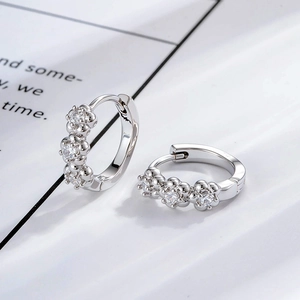 French vintage silver flower hoop earrings with zircon stones and polished metallic finish