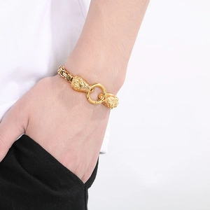 Men's hip hop gold double lion head emperor chain bracelet in sleek titanium steel