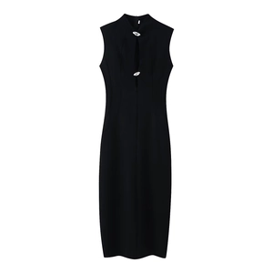 Chic black sleeveless maxi dress with cutout detail and crystal buttons on white background