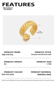 Macro detail of adjustable wheat grain pattern ring made of gold plated stainless steel