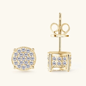 Detail view of round gold moissanite stud earrings in S925 sterling silver settings