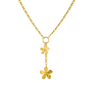 Collier en Y doré en acier inoxydable avec pendentifs fleurs superposés sur fond blanc