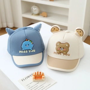 Cute baby baseball caps with animal ears and embroidery in blue and beige cotton