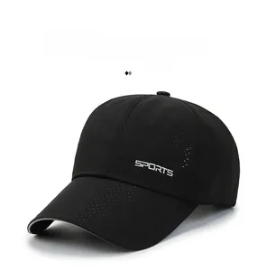Close-up of black breathable mesh fabric on sports cap with white SPORTS logo