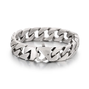Vintage oxidized silver stainless steel flat Cuban link chain bracelet for men