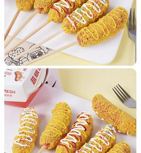 Close-up of crispy fried cheese corn dog with mustard, ketchup, and colorful sprinkles