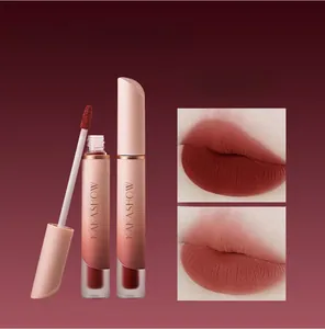 Detailed view of matte velvet lip glaze showing shades 01 and 05 with flocking brush