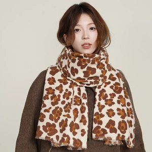 Winter leopard print cashmere scarf for women with fringe design and soft brown tones