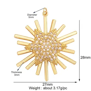 Detailed size specifications for a gold sunburst pendant with sparkling rhinestones