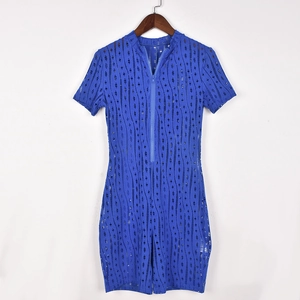 Detail of blue mesh hollow-out bodysuit with front zipper and short sleeves on a hanger