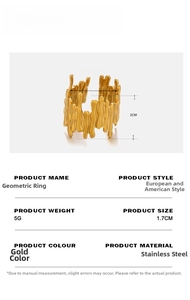 Detail view of gold stainless steel geometric ring with lava texture and size specs