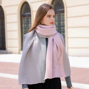 Pink and light gray cashmere style knitted scarf with textured rib pattern for women