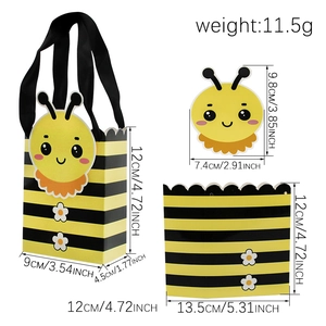 Bee themed party favor gift box with yellow and black stripes including size dimensions