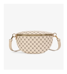 Detail of a half-moon crossbody bag with vintage monogram print and gold metal zippers