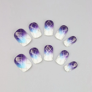 Purple gradient press-on nails with silver glitter grid patterns and geometric art style