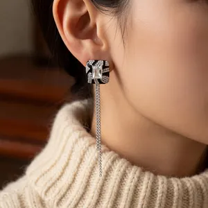 Vintage silver needle square tassel earrings with sparkling rhinestones and black base