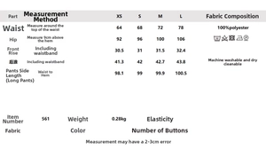 Guide des tailles pour pantalon taille haute avec détails du tissu et entretien