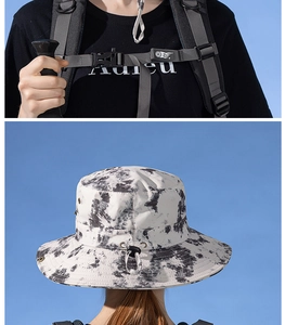 Detail of wide brim tie-dye sun hat with windproof drawstring and breathable vents