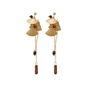 Ethnic ginkgo leaf tassel earrings with tiger eye beads in premium gold finish