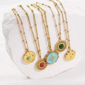 Bohemian gold stainless steel necklace set with turquoise and colorful gemstones