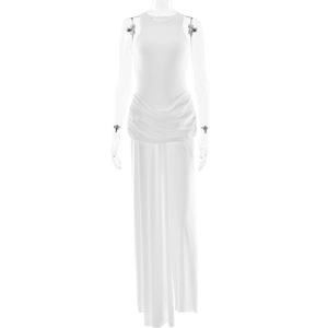 Élégante robe longue blanche sans manches avec taille froncée et fente pour les femmes