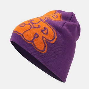 Purple and orange knitted beanie with jacquard heart pattern for men and women