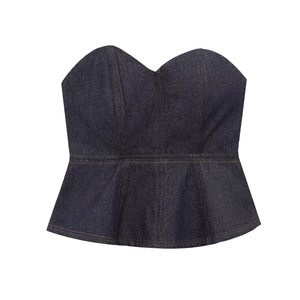 Slim fit dark blue denim corset top with structured stitching and a wave hem design