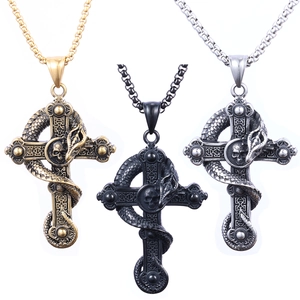 Cross Pendant Necklace Stainless Steel Snake Wrapped Skull Center Gothic Punk Vintage Hip Hop Jewelry For Men Women