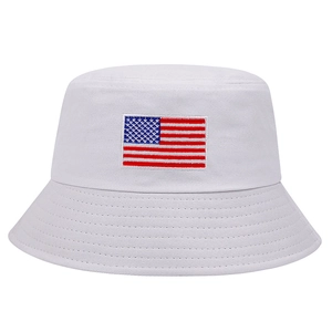 White cotton bucket hat with embroidered US flag patch for outdoor sun protection